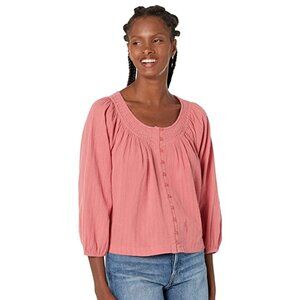 LUCKY BRAND Women's Pink Embroidered Button up Elastic Cuffs Long Sleeve